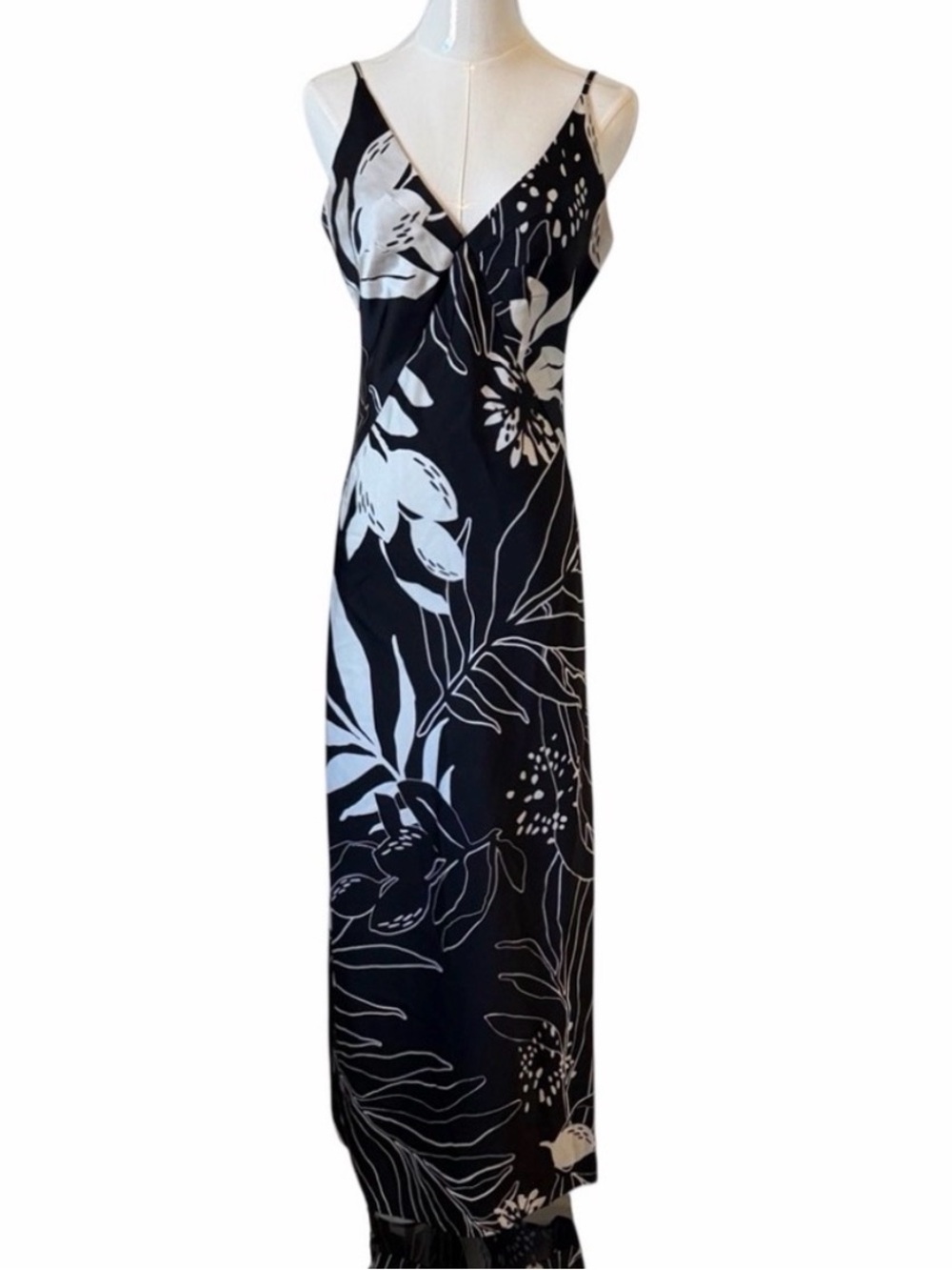 Caroline Constas Black and Cream Floral Maxi Slip Dress Size S